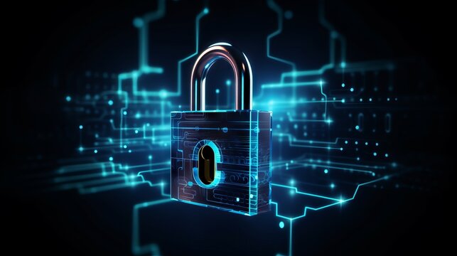 Secure your digital world: cyber security technology with digital padlock on dark blue background, safeguarding against fraud and protecting privacy data networks.

