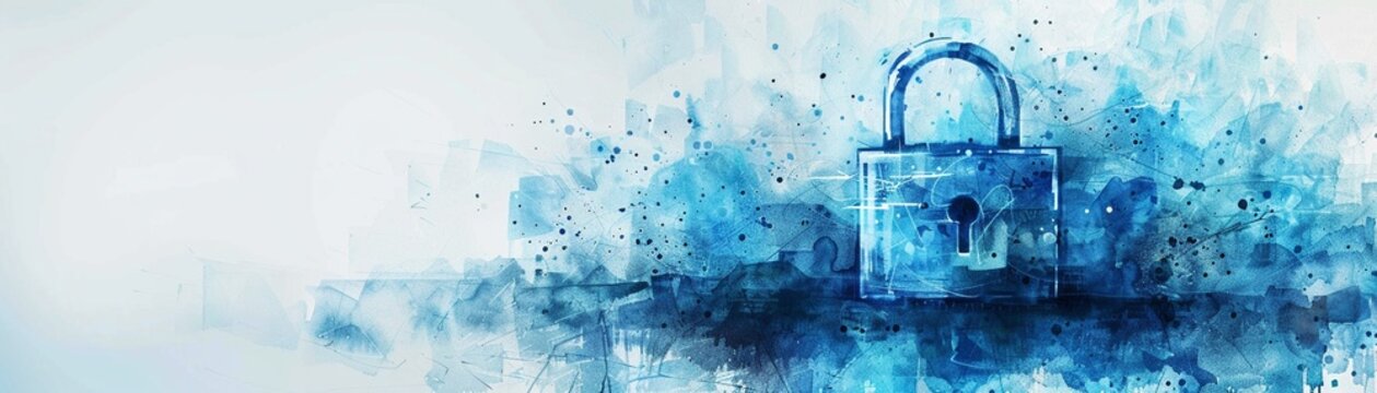 Watercolor painting of a digital lock, blending traditional art with modern technology themes, blue tones, Watercolor, Illustration 8K , high-resolution, ultra HD,up32K HD