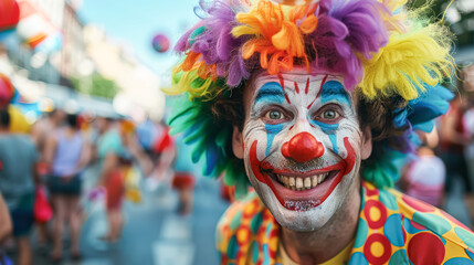 Fototapeta premium A clown with a big smile on his face and a colorful hat. He is wearing a red nose and has blue and yellow face paint
