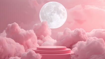 A podium surrounded by pink clouds with the moon in the background
