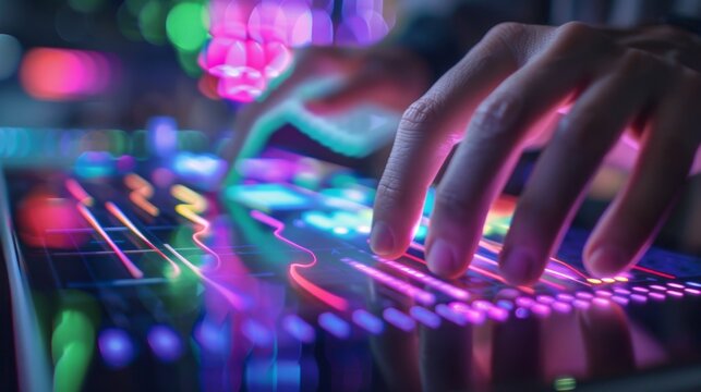 A composer using a touchscreen device to draw and manipulate sound waves adding a visual dimension to their music composition.