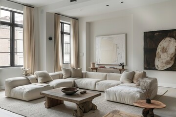 Fototapeta premium Living Room with Simple Sofa and Art Neutral sofa, minimalist art, and clean lines. Open, bright space.