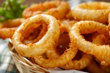 A basket filled with crispy onion rings is placed on top of a wooden table