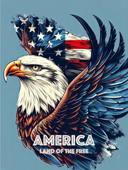 Stylized patriotic artwork of an American eagle merged with the US flag, captioned "LAND OF THE FREE."