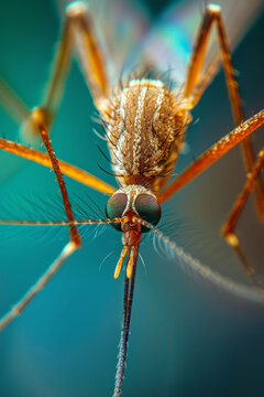 Up-close encounter with a delicate mosquito on a vibrant backdrop.