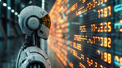 A robot with a tech-enhanced head analyzing data, representing AI intelligence.