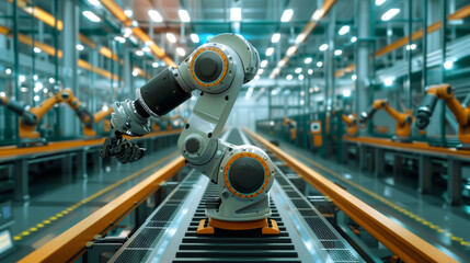 Robotic arm in high-tech industrial setting among fellow assembly robots.