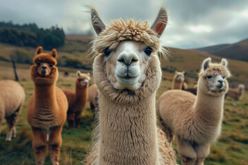 Obraz premium Inquisitive alpaca with a group in a scenic mountain pasture.