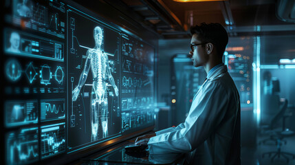 Fototapeta premium Scientist monitoring a digitally animated human anatomy model.