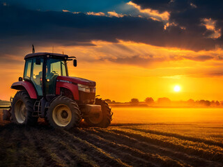 Fototapeta premium tractor on the field at sunset