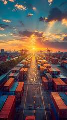 Sunset paints a dramatic sky over an industrial container terminal, stacked with colorful containers.