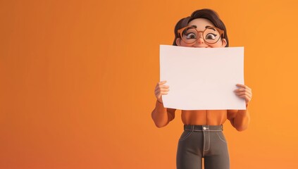 3D avatar of a woman with glasses holding a blank paper