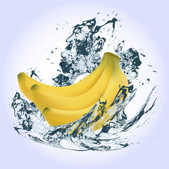Bananas under splashes of water on a light background.