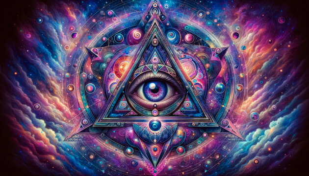 Third Eye Concept: Mystical Central Eye Within Triangle Surrounded By Cosmic Patterns, Ai Generated