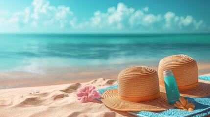 Beach essentials with hats and sunscreen, concept of summer relaxation and sun protection