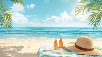 Fototapeta premium Beach essentials under palm leaves, concept of tropical relaxation and sun protection