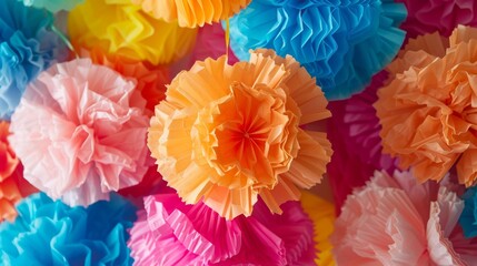 A set of festive party decorations made from colorful recycled tissue paper adding a pop of color to any celebration.