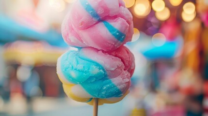 Multicolored cotton candy swirling on a stick, looking adorable and delicious in a festival atmosphere