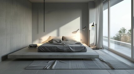 Modern bedroom with a minimalist platform bed, soft gray bedding, and a stylish floor lamp beside a large window