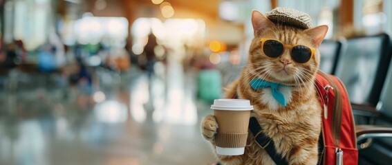 Cat wearing sunglasses with cup of coffee and backpack in the airport terminal. Travel vacation concept. Banner with copy space