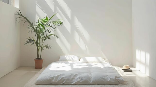 Minimalist bedroom with a simple futon bed, white linens, and a single potted plant in the corner