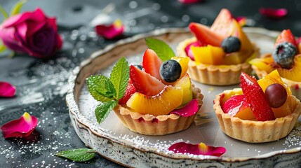 Mini tarts filled with colorful fresh fruit, arranged on a ceramic plate with rose petals and pandan leaves