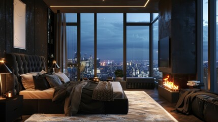 Luxurious penthouse bedroom with floor-to-ceiling windows, a velvet headboard, and a fireplace glowing warmly