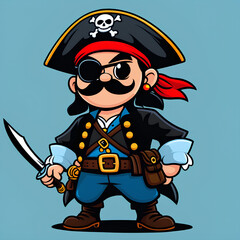 A cartoon image of a Pirate dressed in a traditional pirate attire, eye patch, a red bandana, and a...
