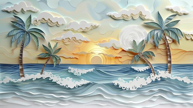 A paper-cut style beach scene with palm trees and rolling waves, wide angle with intricate details, providing a whimsical and creative twist on a tropical getaway.
