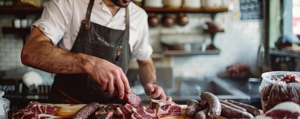 Local butcher slicing grass-fed beef cuts and preparing organic sausages on a wooden counter