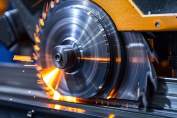 Obraz premium machine is cutting a piece of metal with precision and efficiency, creating sparks and metal shavings