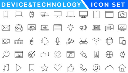 Set of 50 Device and technology web icons in line style. Computer monitor, smartphone, tablet and laptop. Vector illustration.