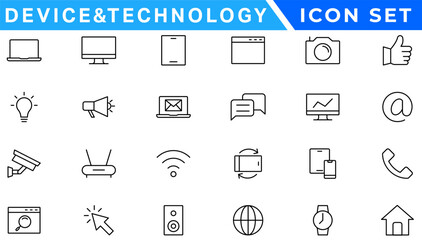 Set of 24 Device and technology web icons in line style. Computer monitor, smartphone, tablet and laptop. Vector illustration.