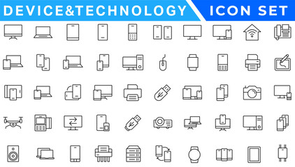 Set of 50 Device and technology web icons in line style. Computer monitor, smartphone, tablet and laptop. Vector illustration.