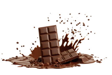 Two chocolate bars emerging from a splash of melted chocolate. Perfect for advertisements, food blogs, or dessert menus
