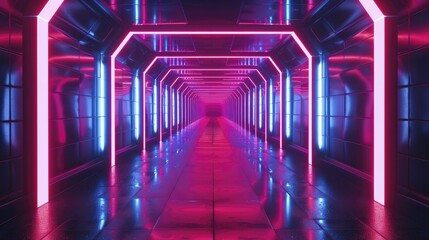 Fototapeta premium The cyber corridor boasts front-facing neon lights, sleek walls, and a futuristic feel, embodying the essence of technology and sci-fi style.