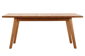 An dining table made of light brown wood with a rustic, plank-style tabletop. Perfect for dining rooms, kitchens, or multi-purpose spaces