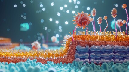 Highly detailed visualization of a cell membrane showcasing intricate protein channels and receptors