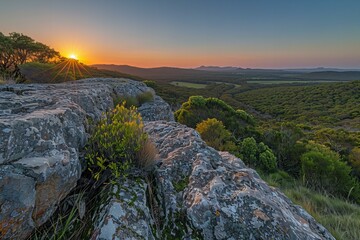 Digital artwork of  panoramic view of the iconic painted rock in australia at sunset, bathed in warm hues and surrounded by lush green vegetation, with a focus on the face.