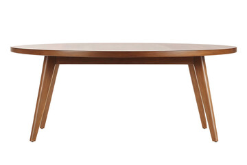 An oval, mid-century modern coffee table with tapered legs and a warm wood finish. Perfect for living rooms, offices, or waiting areas