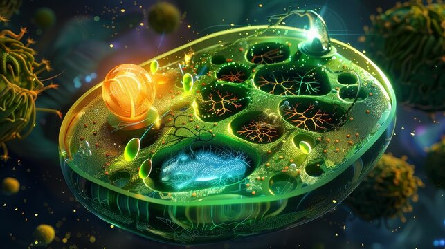 Highly detailed cross-section of a plant cell showing chloroplasts, mitochondria, and the nucleus under a bright light