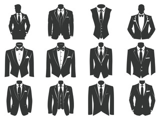 Business suits with tie silhouette set, suits tie silhouette, Flat Suit and Tie Icon, Tuxedo Silhouette, Stylish professional tuxedo.