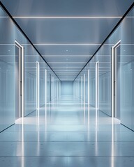 high-tech hallway, front-facing with clean lines, minimalist aesthetics and futuristic feel, showcasing innovation, cinematic style