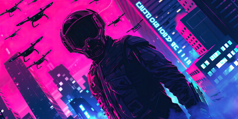In a neon-lit cityscape, a cybernetically enhanced vigilante defiantly stands their ground against an onslaught of flying drones