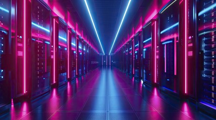 Fototapeta premium neon-lit data center, front view with vibrant colors, sleek equipment and glowing lines, capturing the futuristic essence, cyberpunk style