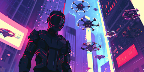 In a neon-lit cityscape, a cybernetically enhanced vigilante defiantly stands their ground against an onslaught of flying drones