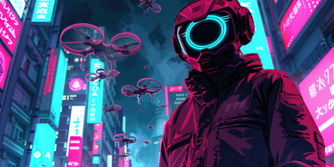 In a neon-lit cityscape, a cybernetically enhanced vigilante defiantly stands their ground against an onslaught of flying drones
