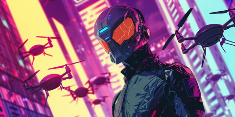 In a neon-lit cityscape, a cybernetically enhanced vigilante defiantly stands their ground against an onslaught of flying drones
