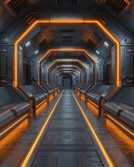 Obraz premium The tech corridor features a side view with LED strip lights, minimalist and futuristic design, showcasing advanced technology in a realistic style.