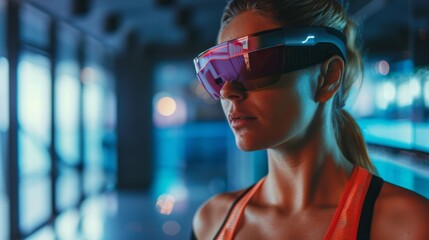 A woman travels for work but is able to maintain her fitness routine with her AR personal trainer joining her virtually in hotel gyms or outdoor spaces.